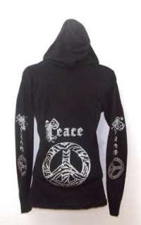  Gothic Zebra Peace Logo Rhinestones Hoodie: Clothing