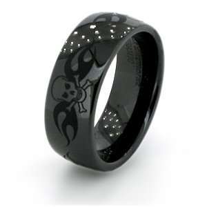  8mm Domed Black Ceramic Ring with Skull Design Jewelry