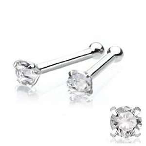 14k White Gold Nose Bone with Clear CZ / Prong Setting, 1mm   Sold 