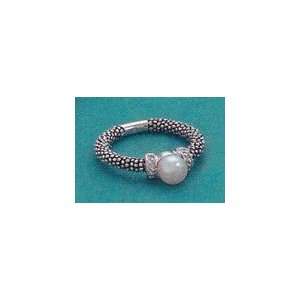   Pearl Rhodium Plated Oxidized Sterling Ring, 3mm wide Band/7mm Pearl