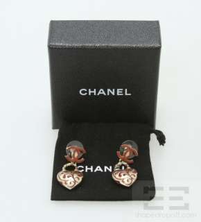 Chanel Pale Gold & Red Monogram Heart Drop Earrings 09A  
