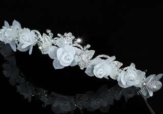 Bridal Handmade White Fabric Crystal Rose Headband Tiara T1469  