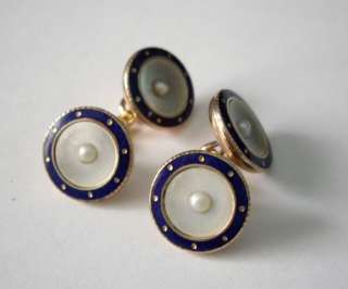 Description Vintage 9ct Gold Mother of Pearl, Cobalt Blue Enamel and 