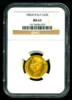1882 R ITALY GOLD COIN 20 LIRE * NGC MS 62 RARE GEM  