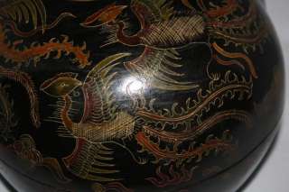 18th – 19th CENTURY CHINESE CARVED PHOENIXES BLACK LACQUER BOX 