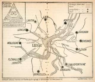 1914 Lithograph Map Battle Liége Belgium World War I Military Fort 