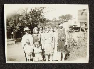 1930s Snapshot Photo Group of People Girls Old Car Man in Straw Hat 