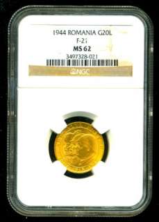 1944 ROMANIA GOLD COIN 20 LEI * NGC CERTIFIED & GRADED MS 62 FLASHY 