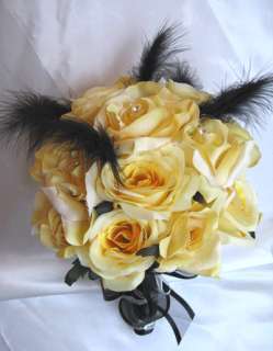 17pc Bouquet wedding flowers YELLOW /BLACK FEATHERS  