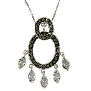  Sterling Silver Double Oval Marcasite Necklace Jewelry