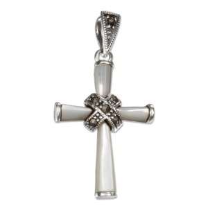  Sterling Silver Mother Of Pearl Marcasite Cross Pendant Jewelry