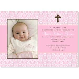   Pink Damask Digital Photo Baptism Invitations