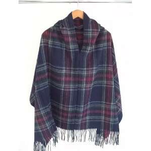 Cashmere Blended with Lambs Wool Poncho in Blue English Plaid V Neck 