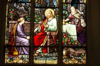 Fine Traditional Stained Glass Window of Jesus + Mary +100 yrs. old 