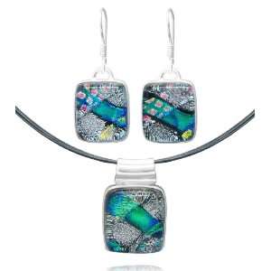 Sterling Silver Dichroic Glass Bezel Set Blue, Green and Silver Square 