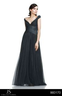 Woven satin ribbons fashion the Empire waist on an ruched chiffon gown 