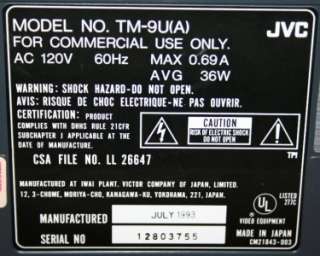 JVC TM 9U 9 COLOR VIDEO MONITOR S/N 3755  