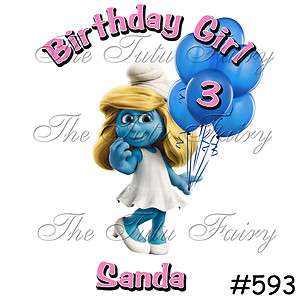   Girl Smurfs Birthday Party favor shirt pink wording name age 3rd 4th 5