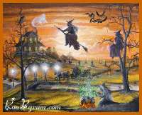 Halloween Art Witches Haunted House Cauldron Flying Cat Moon Byrum 