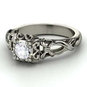    Ribbon Lace Ring, Round White Sapphire 18K White Gold Ring Jewelry