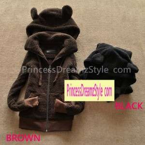 Furry Teddy Bear Ears Hooded Jacket Long Sleeve Fur Coat C196 BLACK Sz 