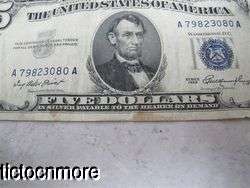 US 1953 $5 FIVE DOLLAR BILL BLUE SEAL SILVER CERTIFICATE SMALL NOTE 
