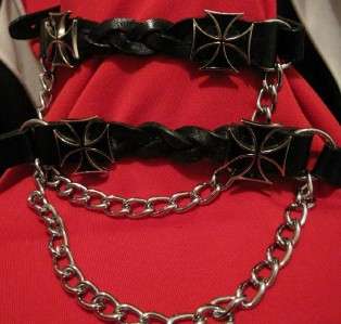 Black Leather Iron Cross Handmade Boot Chains Straps  