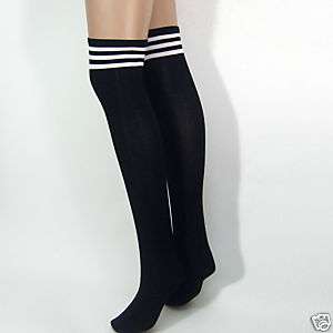 Black Tube Socks Long Over Knee High Sock White Stripes  