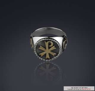 CHI RO   JESUS ALPHA OMEGA SILVER RING 24K GOLD PLATED  