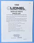 Lionel 1992 Service Parts Price List, paper literature and order form