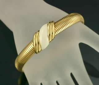 Vintage MONET White Enamel Sleek Snake Link Gold Tone Bangle Bracelet 