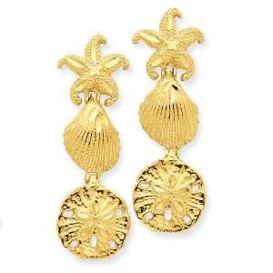   Gold Diamond cut Starfish, Shell & Sand Dollar Dangle Post Earrings