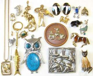 VINTAGE FIGURAL JEWELRY LOT CAT BROOCH ARTICULATED FISH KEY CHAIN 