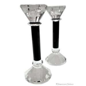   Pair Clear & Black Crystal Candlesticks Candle Holders