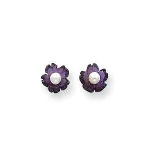 Amethyst Flower With Cultured Pearl Earrings in 14k Yellow Gold