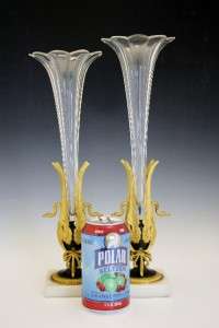 PAIR OF FRENCH EMPIRE 2 COLOR BRONZE & CUT CRYSTAL FIGURAL SWAN VASES 