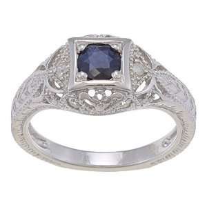   Blue Sapphire Diamond Ring Vintage Style in Sterling Silver Jewelry