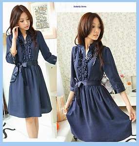 New Korean Fashion Women Vintage Blue Office Dress  