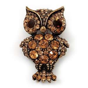   Antique Gold Metal Amber Coloured Crystal Owl Brooch Jewelry