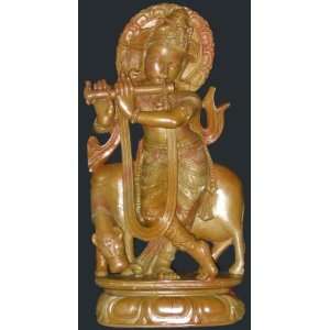 Lord Krishna Statue with Cow Venu Gopala Carved Stone Sculptures 8.5