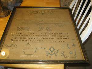 1800S INITALED SAMPLER WITH DESIGNS ALPHABETS, SAYING  