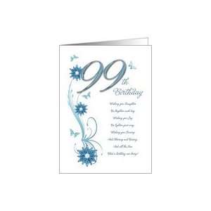  99th birthday card in teal with flowers and butterflies 