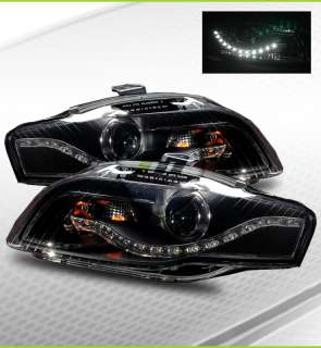 06 08 Audi A4 S4 R8 DRL LED Projector Headlights Black  