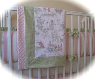 CUSTOM OVER THE MOON TOILE AND PINK STRIPE BABY CRIB BEDDING SET 