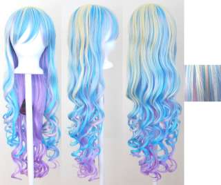 29 Long Curly w/ Long Bangs Pastel Rainbow Cosplay Wig NEW  