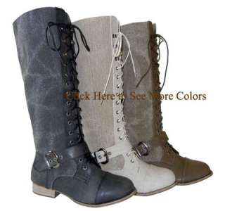 Army Chic Canvas Knee High Lace up Military Combat Boots Khaki  