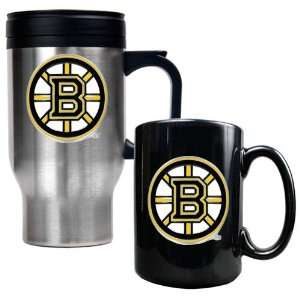 Boston Bruins NHL Stainless Steel Travel Mug & Black Ceramic Mug Set 