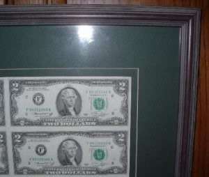 1976 $2.00 BILLS UNCUT SHEET Matted and Framed  
