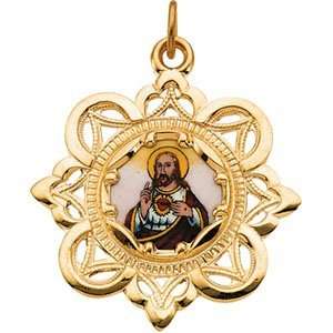    10K Yellow Gold Sacred Heart/Jesus Framed Enamel Pendant: Jewelry