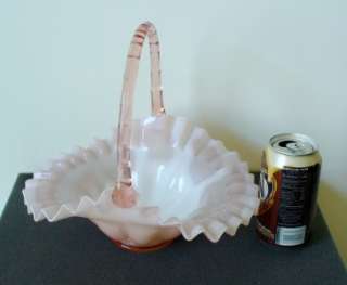 Fenton large art glass basket with handle and ruffled rim   pink 